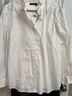 Ralph Lauren White Ruffle-Trim Button Down Shirt